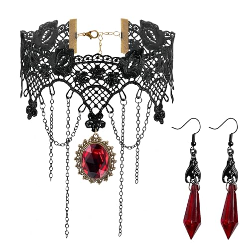QITHGYD Choker Kette Damen Spitze Schwarz, Gothic Halskette Steampunk Accessoires Damen, Choker Halsband mit Kristallen und Ohrringe, Vampir Accessoire Cosplay Schmuck Party Vintage Kostüme Frauen von QITHGYD