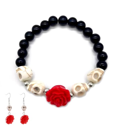 Dia De Los Muertos Totenkopf Kette Und Totenkopf Ohrringe, Tag Der Toten Kostüm Damen Und Männer Dekoration, Rose Skelett Armband Und Ohrringe, Passend Für Tag Der Toten, Halloween, Rollenspiel Usw von QITHGYD
