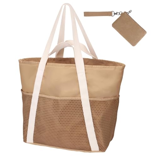 QITIXI:OU Strandtasche Damen, Große Braun Strandtasche mit Ein khakifarbenes Portemonnaie aus Canvas, Saunatasche Frauen, Große Wasserdicht Mesh Badetasche Familie Faltbar Beach Tote Bag Shopper von QITIXI:OU
