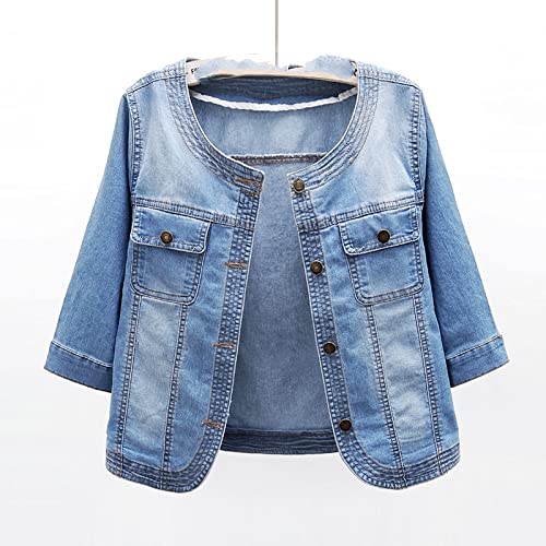Jeansjacke Für Damen - Süße Einfarbige Rundhalsausschnitt Elastizität Jeansjacke, Loose Big Pocket Halbarm Kurze Frauen Blue Oberbekleidung, Casual Button Up Slim Fit Streetwear Jacke, Blau, 3Xl von QIUFEN