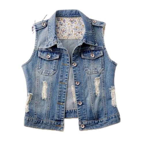 QIUFEN Ärmellose Jeansweste Für Damen - Mode Einfarbig Löcher Ärmellose Denim Weste, Revers Einreihige Kurze Jeansweste, Doppeltasche Lose Rückenlose Denim Gilet Frühling Herbst,Geeignet Für Streetw von QIUFEN