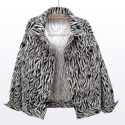 QIUFEN Jeansjacke Für Damen - Zebra Muster Print Denim Jacke Mantel,Langarm Revers Große Größe Kurze Denim Jacke,Damen Mit Tasche Slim Fit Harajuku Denim Jacke,Schwarz Weiß,XL von QIUFEN