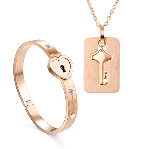 2 Stück Armreif mit Schloss Anhänger Kette Schlüssel Set für Paare,Rosegold Edelstahl Herz Sperren Armband Armbänder Damen Herren Halskette ketten für Pärchen Couple Partner Freundschaft BFF Geschenk von QIUJUNDE
