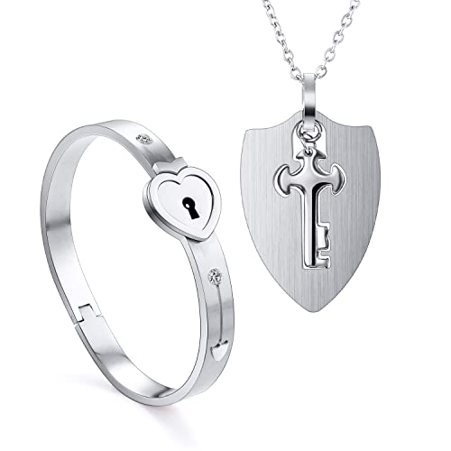 2 Stück Armreif mit Schloss Anhänger Kette Schlüssel Set für Paare,Silber Edelstahl Herz Sperren Armband Armbänder Damen Herren Halskette ketten für Pärchen Couple Partner Freundschaft BFF Geschenk von QIUJUNDE