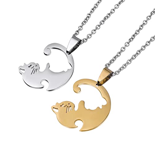 2 Stück Damen Kette Anhänger für Paar Pärchen,Lieben Freundschaftsketten Best Friends Haslkette Gravur Katze, Schmuck Partnerketten für BFF Beste Freunde Liebhaber Couple Geschenke (Gold Silber ) von QIUJUNDE