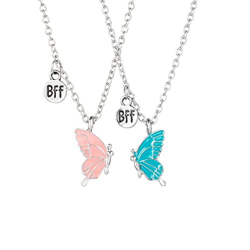 2 Stück Schmetterling Freundschaftskette Set für Kinder Mädchen Paar Pärchen,Silber Damen Kette Anhänger Freundschaft Ketten Haslkette Schmuck Geschenke für BFF Beste Freunde Mutter Tochter Geburtstag von QIUJUNDE