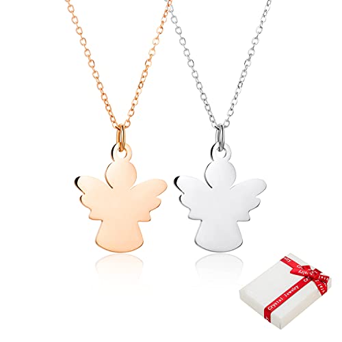 2Stück Rosegold Engel Freundschaftskette Set für Kinder Mädchen Paar Pärchen,Edelstahl Schutzengel Damen Kette Anhänger Silber Ketten Haslkette Schmuck Geschenke für BFF Beste Freunde Taufe Geburtstag von QIUJUNDE