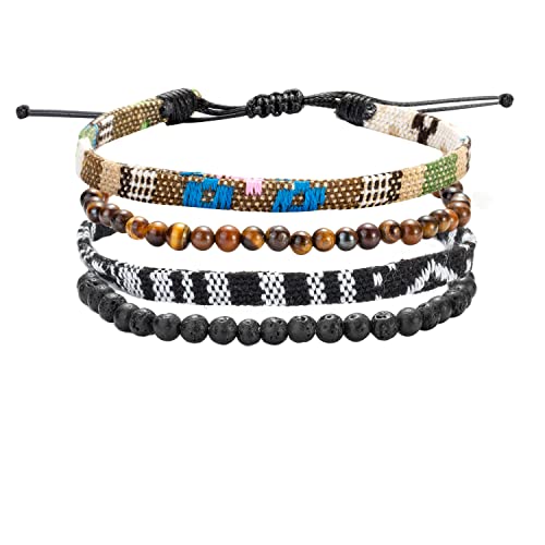 4 Stück Boho Surfer Armbänder Set für Herren Damen,Bunt Ethno Style Geflochtene Stoff Textil Seil Strand Armband,Cool Tigerauge Vulkanischen Stein Perlen Geschenk für Männer Jungs Kinder Jungen Junge von QIUJUNDE