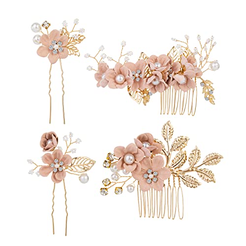 4 Stück Gold Perle Haarschmuck Hochzeit Trocken Blumen Dirndl für Damen Mädchen,Altrosa Pink Rose Blume Strass Kristall Haarkamm Haarnadeln Brautschmuck Haarspangen Haarklammern für Braut Brautjungfer von QIUJUNDE