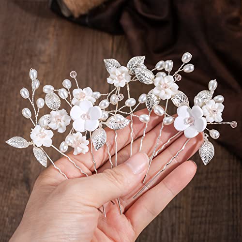 5 Stück Ivory Weiß Perlen Haarschmuck Hochzeit Blumen für Kurze Haare Damen Mädchen, Silber Grau Trocken Blume Strass Haarnadeln Brautschmuck Haarspangen Haarkamm Haarklammern für Braut Brautjungfer von QIUJUNDE