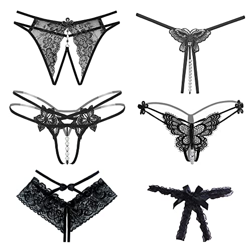 6 Packs String Ouvert Damen mit Perlen Blumen Muster Loch Set Frauen Frau, Schwarz Slip Unterhosen Spitze Sexy Tanga Strings Unterwäsche Mit Offenem Schritt Tangas V-G-String Reizwäsche Thongs Höschen von QIUJUNDE