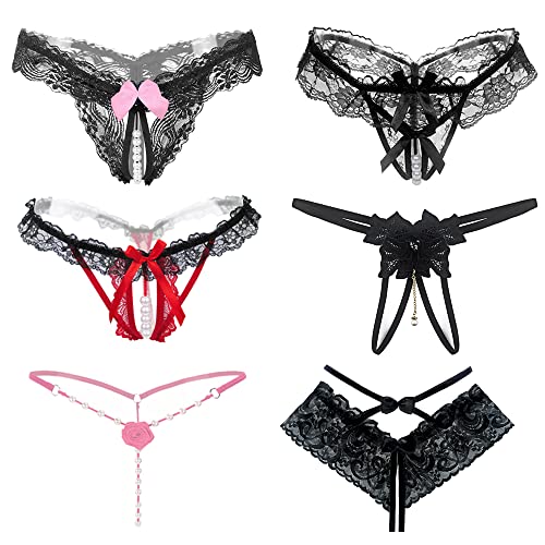 6er Packs String Ouvert Damen mit Perlen Blume Loch Set Frauen Frau,Schwarz Niedrige Taille Spitze Sexy Tanga Strings Unterwäsche Mit Offenem Schritt Tangas G-String Reizwäsche Thongs V-String Höschen von QIUJUNDE