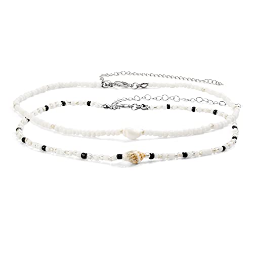 Boho Muschelkette Weiß Perle mit Muschel Anhänger für Frauen Mädchen,2 Reihig Kurze Kette Weiss Perlen Choker Ketten Strand Halskette Mode Schmuck Geschenk für Damen Frau Freundin Mutter Geburtstag von QIUJUNDE