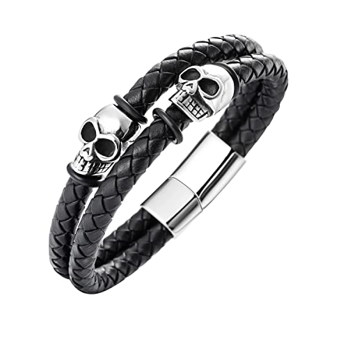 Herren Armband Totenkopf für Mann Männer,Cool Schwarz Leder Edelstahl Skull Armbänder Mit Magnetverschluss Schmuck für Jugendliche Jungen Junge Jungs kinder Halloween Geburtstag Weihnachten Geschenk von QIUJUNDE