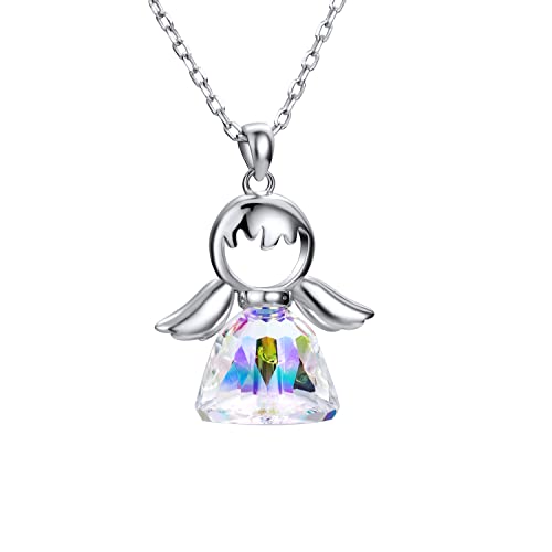 Kette 925 Sterling Silber mit Engel Anhänger für Frauen Damen, Schutzengel Halskette mit Glitzer Kristall Freundschaft Schmuck für Kinder Jugendliche Mädchen Taufe Konfirmation Erstkommunionsgeschenk von QIUJUNDE