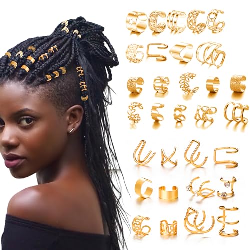 QIUMING 31Stück Haar Flecht Perlen Haarringe für Zöpfe Haarspiralen Clips Haar Haarspiralen Clips Geflecht Ringe Verstellbar Braids Schmuck Gewebter Für Frauen Männer Zöpfe Dekoration (Gold) von QIUMING