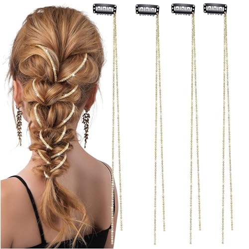 QIUMING 4 Stücke Strass Haarketten Für Frauen Quaste Haarspangen Ketten Goldr Kristall Quaste Haarspange Kette glitzer Glitzer Strähnen Haare Für Den Täglichen Gebrauch von Mädchen (A Gold) von QIUMING
