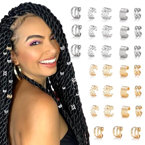 QIUMING 30pcs Haarringe für Zöpfe Dreadlocks Schmuck Haarspiralen Clips Haar Haarspiralen Clips Geflecht Ringe Verstellbar Braids Schmuck Gewebter Für Frauen Männer Zöpfe Dekoration (Gold + Silber) von QIUMING
