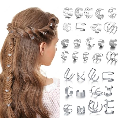 QIUMING 31Stück Haar Flecht Perlen Haarringe für Zöpfe Haarspiralen Clips Haar Haarspiralen Clips Geflecht Ringe Verstellbar Braids Schmuck Gewebter Für Frauen Männer Zöpfe Dekoration (Silber) von QIUMING