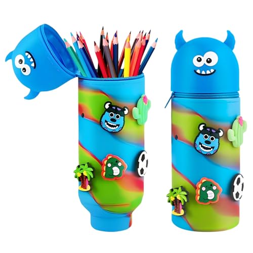 QIUQI 2-in-1 Federmäppchen, Schulmäppchen aus weichem Silikon, Stifte Mäppchen Mädchen Junge, Cartoon Federmäppchen mit Reißverschluss für Kinder Schulbedarf(Blaues Monster) von QIUQI