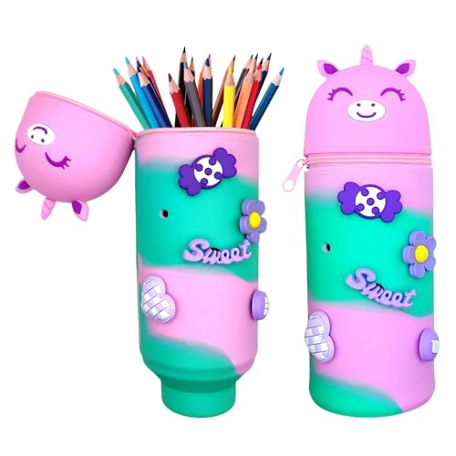 QIUQI 2-in-1 Federmäppchen, Schulmäppchen aus weichem Silikon, Stifte Mäppchen Mädchen Junge, Cartoon Federmäppchen mit Reißverschluss für Kinder Schulbedarf(Einhorn) von QIUQI