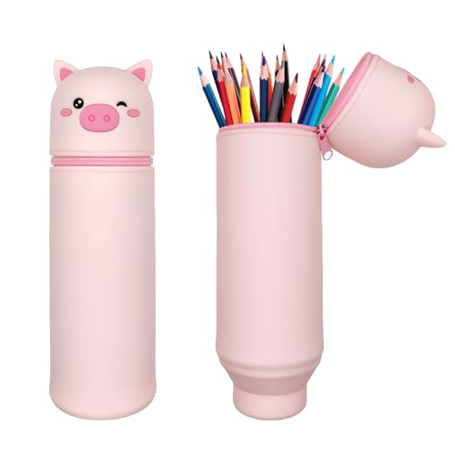 QIUQI Federmäppchen Kinder, 2-in-1 Federmäppchen, Schulmäppchen aus weichem Silikon, Stifte Mäppchen Mädchen Junge, Cartoon Federmäppchen mit Reißverschluss für Kinder Schulbedarf(Rosa Schwein) von QIUQI