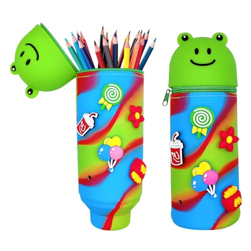 QIUQI Federmäppchen Kinder, 2-in-1 Federmäppchen, Schulmäppchen aus weichem Silikon, Stifte Mäppchen Mädchen Junge, Cartoon Federmäppchen mit Reißverschluss für Kinder Schulbedarf(Grüner Frosch) von QIUQI