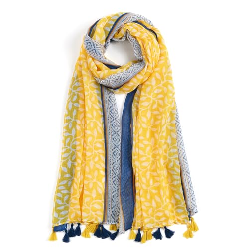 QIUTIMIY Damen Schal Leicht Weich Blumen Muster Leopard Herbst Winter Schal mit Fransen Schal, Gelbe und blaue Blätter, 180*85cm von QIUTIMIY