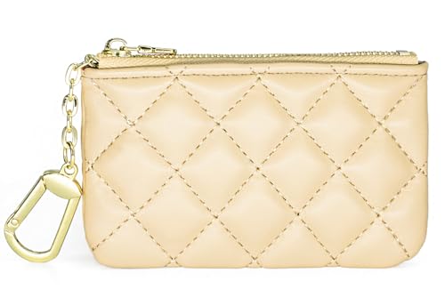 QIUTIMIY Mini Geldbörse Reißverschluss Klein Münzgeldbörse Schlüsseletui Coin Purse Kleine Geldbörse Damen mit Schlüsselbund,Gesteppt Hellbraun von QIUTIMIY