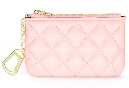 QIUTIMIY Mini Geldbörse Reißverschluss Klein Münzgeldbörse Schlüsseletui Coin Purse Kleine Geldbörse Damen mit Schlüsselbund,Gesteppt Rosa von QIUTIMIY