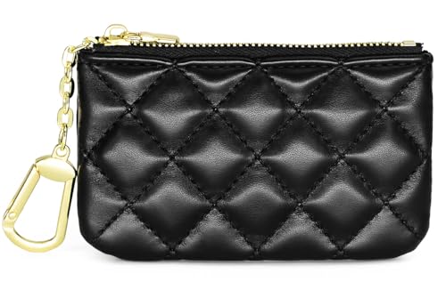 QIUTIMIY Mini Geldbörse Reißverschluss Klein Münzgeldbörse Schlüsseletui Coin Purse Kleine Geldbörse Damen mit Schlüsselbund,Gesteppt Schwarz von QIUTIMIY