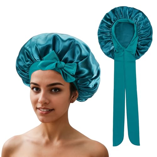 QIUTIMIY Satin Bonnet Schlafhaube Verstellbare für lockiges Haar Schlaf Mütze Schlafkappe Weiche Kopfhaube mit Gummizug für Damen und Mädchen，Grün von QIUTIMIY
