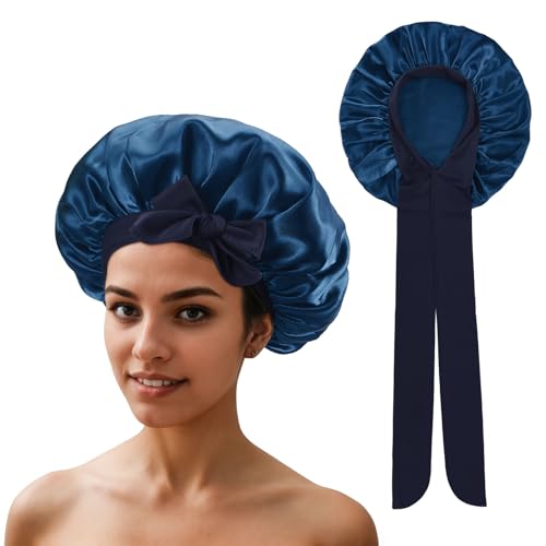 QIUTIMIY Satin Bonnet Schlafhaube Verstellbare für lockiges Haar Schlaf Mütze Schlafkappe Weiche Kopfhaube mit Gummizug für Damen und Mädchen，Navy blau von QIUTIMIY