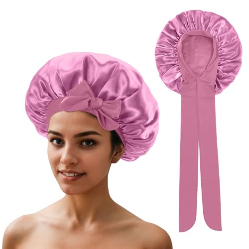 QIUTIMIY Satin Bonnet Schlafhaube Verstellbare für lockiges Haar Schlaf Mütze Schlafkappe Weiche Kopfhaube mit Gummizug für Damen und Mädchen，Rosa von QIUTIMIY