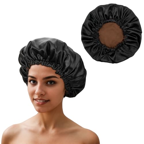 QIUTIMIY Satin Bonnet Schlafhaube Verstellbare für lockiges Haar Schlaf Mütze Schlafkappe Weiche Kopfhaube mit Gummizug für Damen und Mädchen，Schwarz&Braun von QIUTIMIY