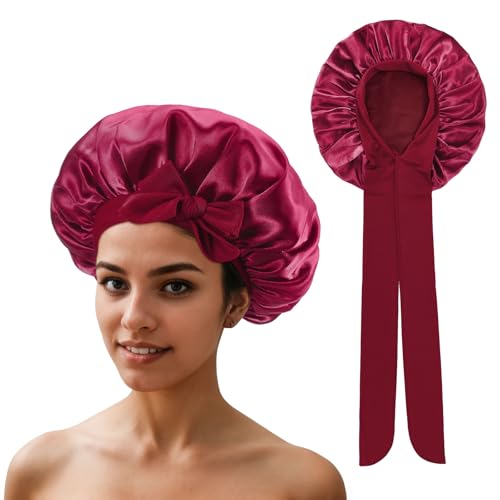 QIUTIMIY Satin Bonnet Schlafhaube Verstellbare für lockiges Haar Schlaf Mütze Schlafkappe Weiche Kopfhaube mit Gummizug für Damen und Mädchen，Weinrot von QIUTIMIY