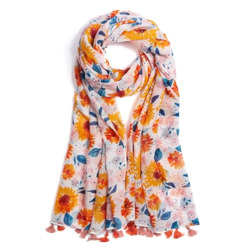 QIUTIMIY Schals für Damen Dünn Blumenmuster Bunte Schals und Tücher Halstuch mit Quasten für Frühling Sommerschal(Blume-Orange Pink) von QIUTIMIY