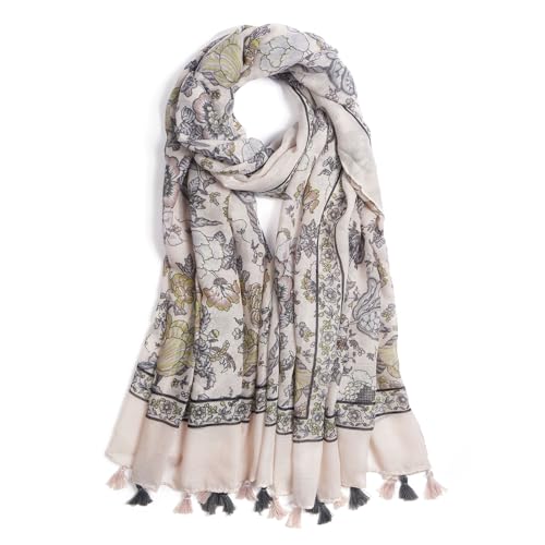 QIUTIMIY Schals für Damen Dünn Blumenmuster Bunte Schals und Tücher Halstuch mit Quasten für Frühling Sommerschal(Blume-Pink Grey) von QIUTIMIY