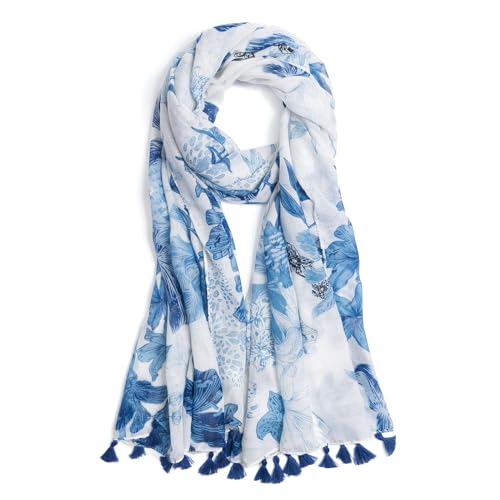 QIUTIMIY Schals für Damen Dünn Blumenmuster Bunte Schals und Tücher Halstuch mit Quasten für Frühling Sommerschal(Blume-Weiß Blau) von QIUTIMIY