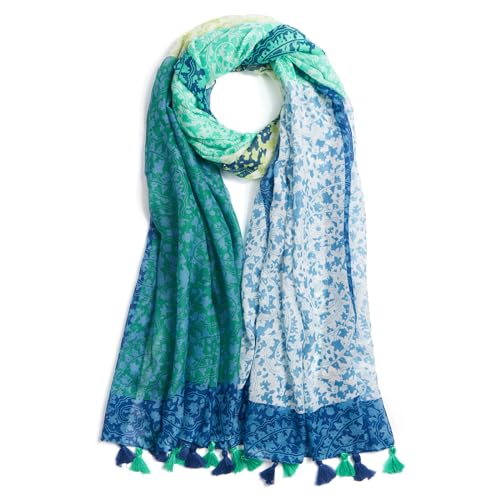 QIUTIMIY Schals für Damen Dünn Blumenmuster Bunte Schals und Tücher Halstuch mit Quasten für Frühling Sommerschal(Splicing-Blau Green) von QIUTIMIY