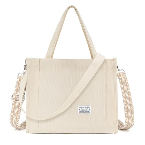 QIUTIMIY cord Tasche Damen Tote Bag Handtasche Damen Umhängetasche Schultertaschen Crossbody Corduroy Bag Abnehmbarer zwei Ersatz-Schultergurte für Arbeit Studium，Cremefarbener Reißverschluss von QIUTIMIY