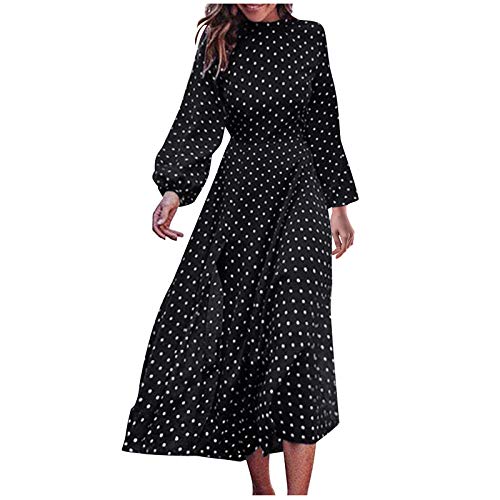 QIUYI Damen Casual Fashion Rundhals Polka Dot Langarm Unregelmäßiger Saum Kleid Schwarz Split Long Dress, Schwarz , L von QIUYI