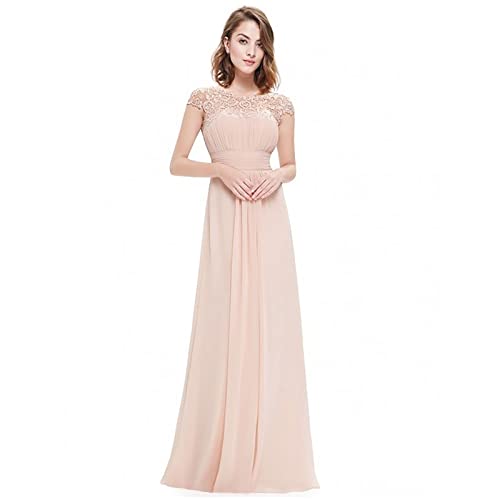 Damen Abendkleid A-Linie Spitze Chiffon Rundkragen Kurze Ärmel Hohe Taille Elegant Vintage Spitzenkleid Hochzeit Chiffon Faltenrock Langes Kleid Ballkleider Cocktailkeider von QIUhhpuy