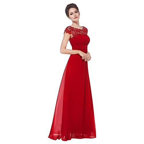 Damen Abendkleid A-Linie Spitze Chiffon Rundkragen Kurze Ärmel Hohe Taille Elegant Vintage Spitzenkleid Hochzeit Chiffon Faltenrock Langes Kleid Ballkleider Cocktailkeider von QIUhhpuy