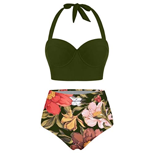 Damen Bikini Set Sonnenblumendruck Halfter High Waist Bademode Bikini Split Badeanzug Damen Bikini Set Neckholder Lace Up Bikini Bademode High Waist Zweiteiliger Badeanzug Swimsuit (Grün, XL) von QIUhhpuy
