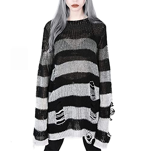 Damen Gothic Punk Grunge Pullover Langarm Rundhals Oversize Lose Colorblock Gestreiftes Zerrissene Lange Strickpullover Pulloverkleid Longpullover Oberteile Tops Strickhemd (A, L) von QIUhhpuy