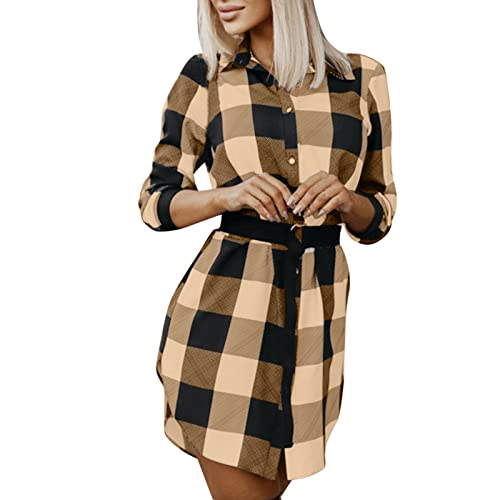 Damen Hemd Kariertes Langarmshirt Karohemd Sommer Bluse Freizeithemd Button Down Langarm Shirt Elegant Longbluse Blusenkleid Hemdkleid Gestreift Kleid Lässige Kleidung mit Gürtel von QIUhhpuy