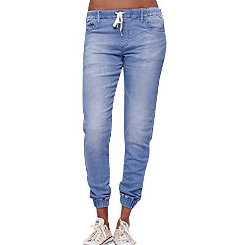 Damen Hose Jogger Jeans Relaxed Loose Fit Stretch Kordelzug Elastisch Relaxed Denim Hosen Straight Leg High Waist Hosen mit Tasche Bleistifthosen Jeanshosen Freizeithosen (Hellblau, L) von QIUhhpuy