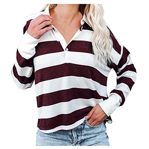 Damen Long Sleeve Slim Polo Stripe Polohemd Regular Striped Polo Tank-Top Damen Poloshirt Langarm Polohemd Sport Polo Herbst und Winter Shirts mit Kragen Freizeitpolo Gestreift von QIUhhpuy