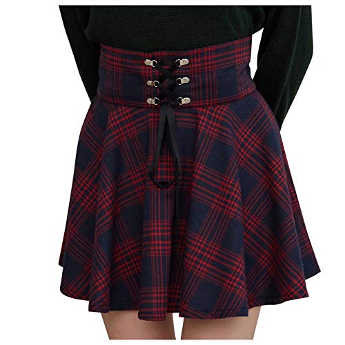 Damen Plaid Glencheck A-Linie Hohe Taille Flare Plissee Mini Schwarz Rock Kleid Mini-Faltenrock, Kariert, Gothic-Stil, Zum Schnüre, Gothic High Waist Flare Short Mini Skater Rock (Rot, L) von QIUhhpuy